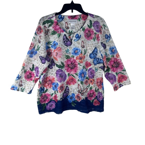 Alfred Dunner Tops - Alfred Dunner Womens Large Floral Butterfly Blue Border Tunic Top Blouse NEW